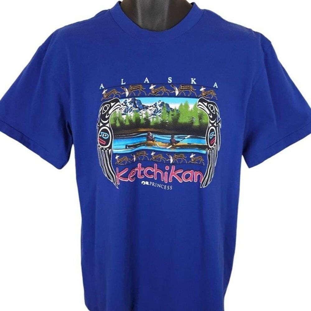 Vintage Ketchikan Alaska T Shirt Mens Size Large Blue 90s West Coast Art Travel
